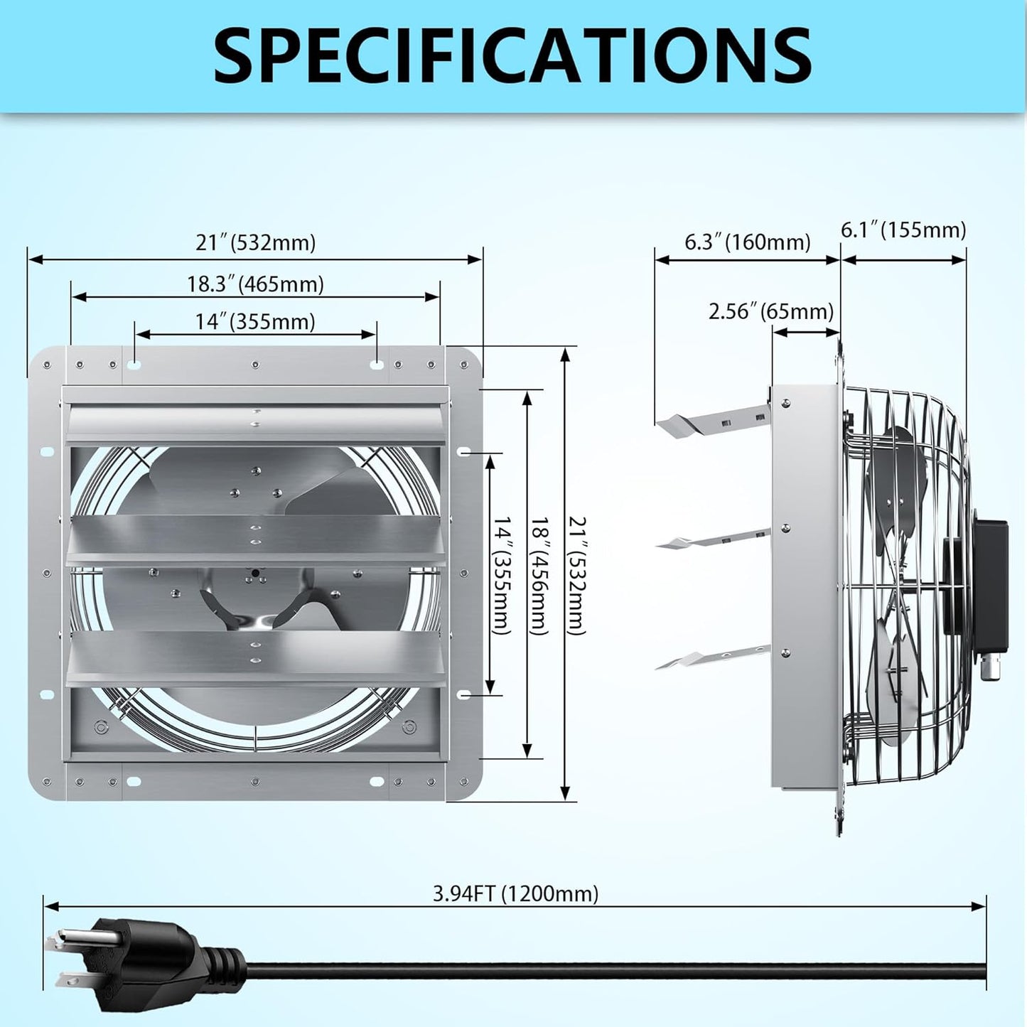 18 Inch Shutter Exhaust Fan, Aluminum Wall Mounted Exhaust Fan, 2678 CFM High Speed Automatic Shutter Attic Fan, Vent Fan For Greenhouse,Shed,Shop,Garage