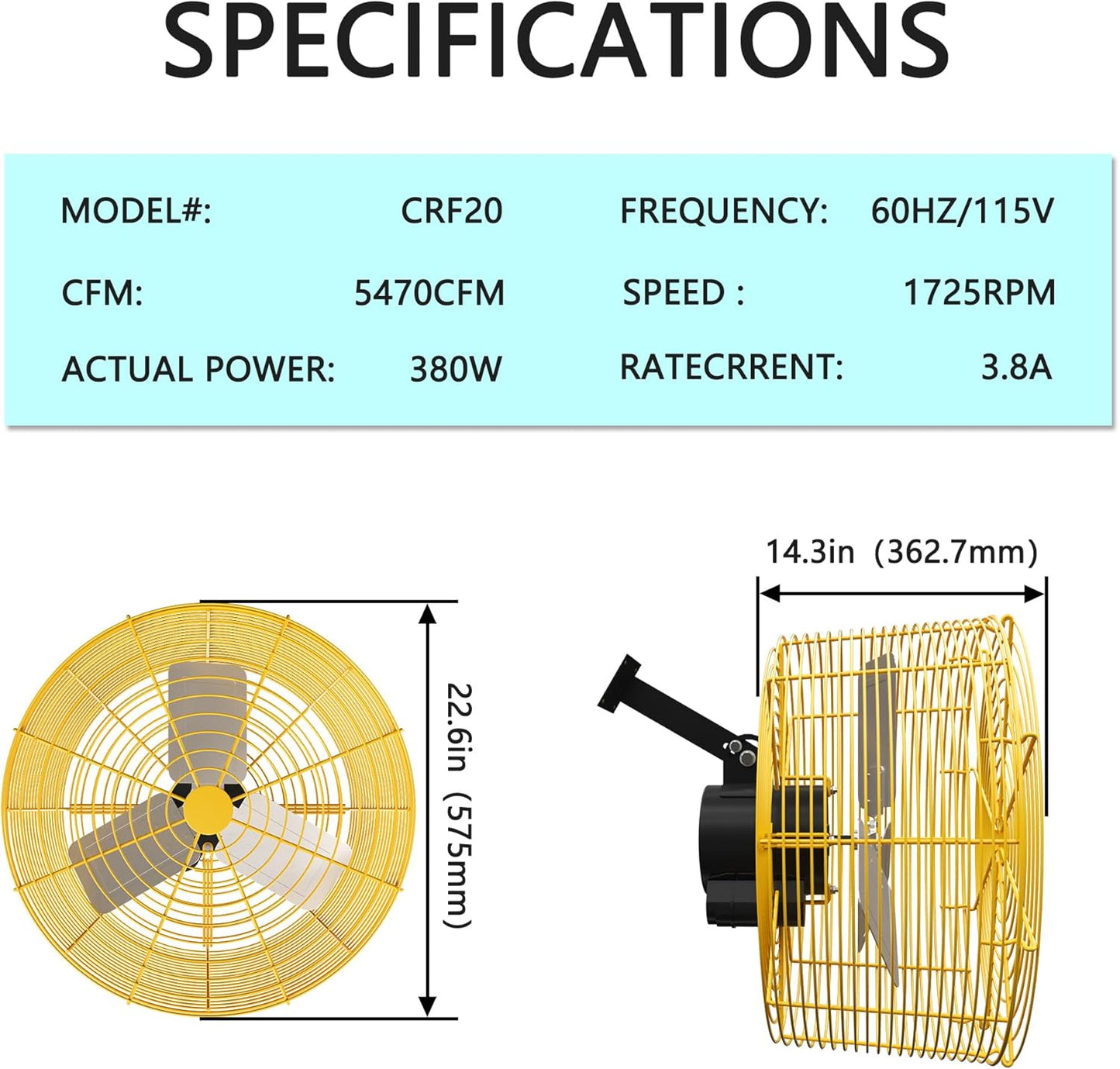 Greenhouse Circulation Fan Air Circulation Fan 1/3 HP 115V Ceiling Wall Mount Fan High Speed Circulation Fan for Greenhouse, Warehouse, Patio, Garage 5470CFM, ETL Listed