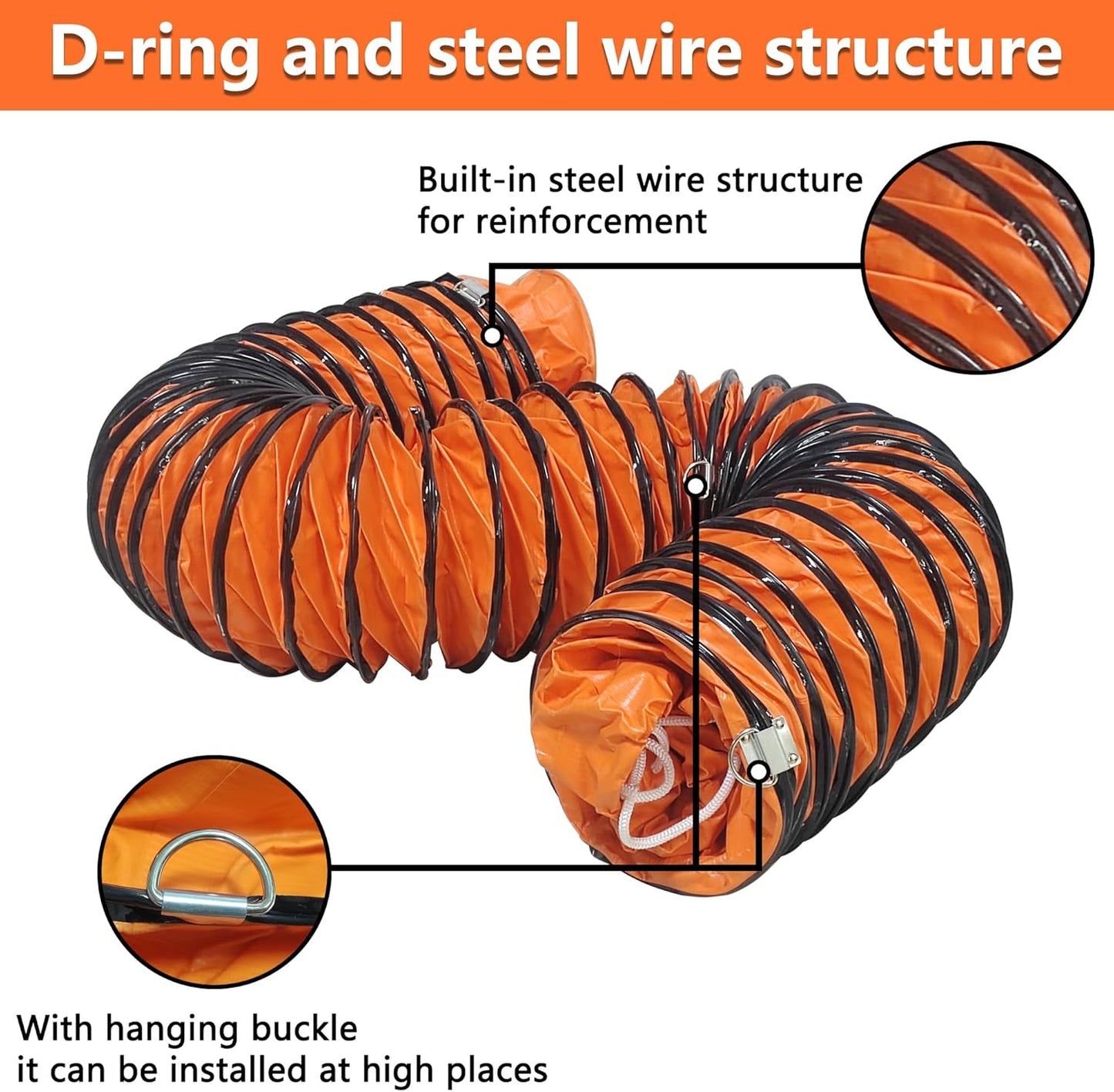 16FT Ducting Hose 10 Inch PVC Flexible Duct Hosing with Adjustable Rope for Utility Blower Exhaust Fan