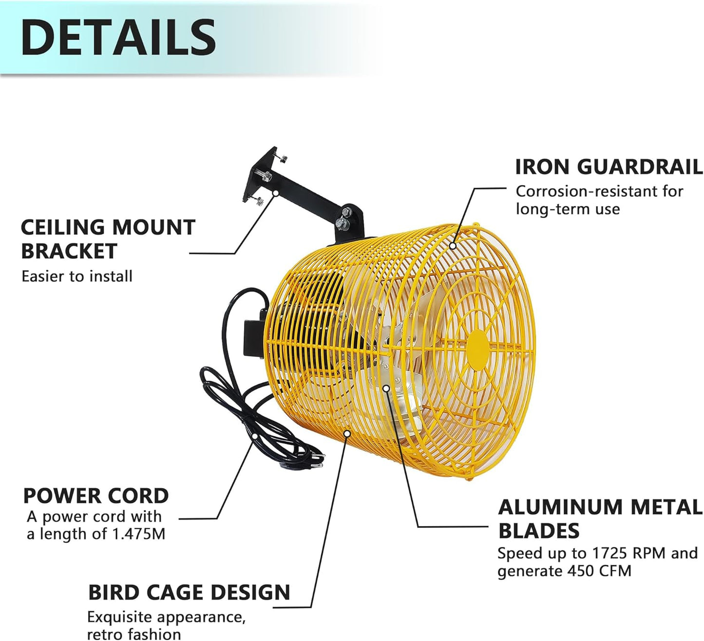 Greenhouse Circulation Fan Air Circulation Fan 1/80 HP 115V Ceiling Wall Mount Fan High Speed Circulation Fan for Greenhouse, Warehouse, Patio, Garage 450CFM, ETL Listed