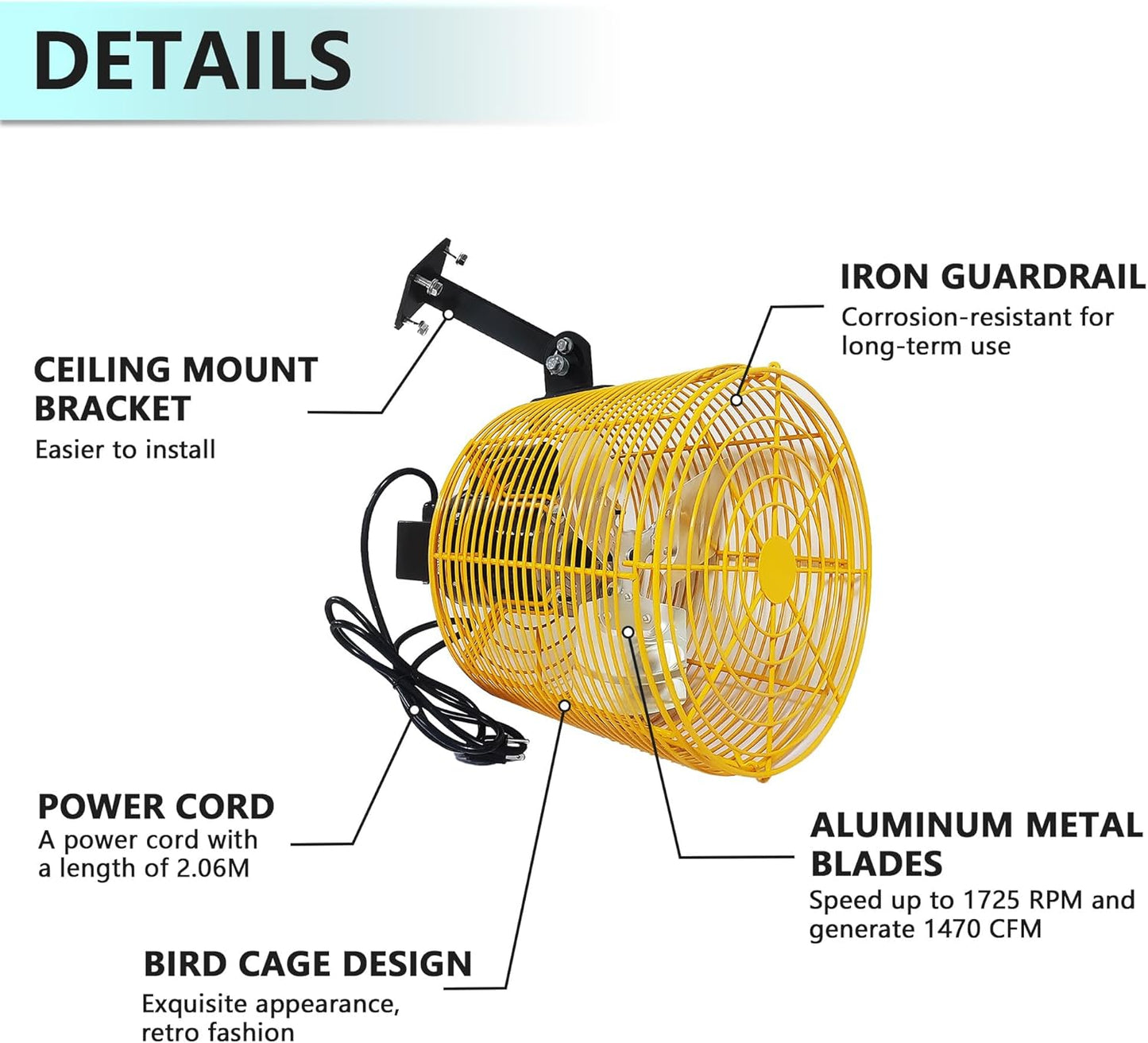 Greenhouse Circulation Fan Air Circulation Fan 1/10 HP 115V Ceiling Wall Mount Fan High Speed Circulation Fan for Greenhouse, Warehouse, Patio, Garage 1470CFM, ETL Listed
