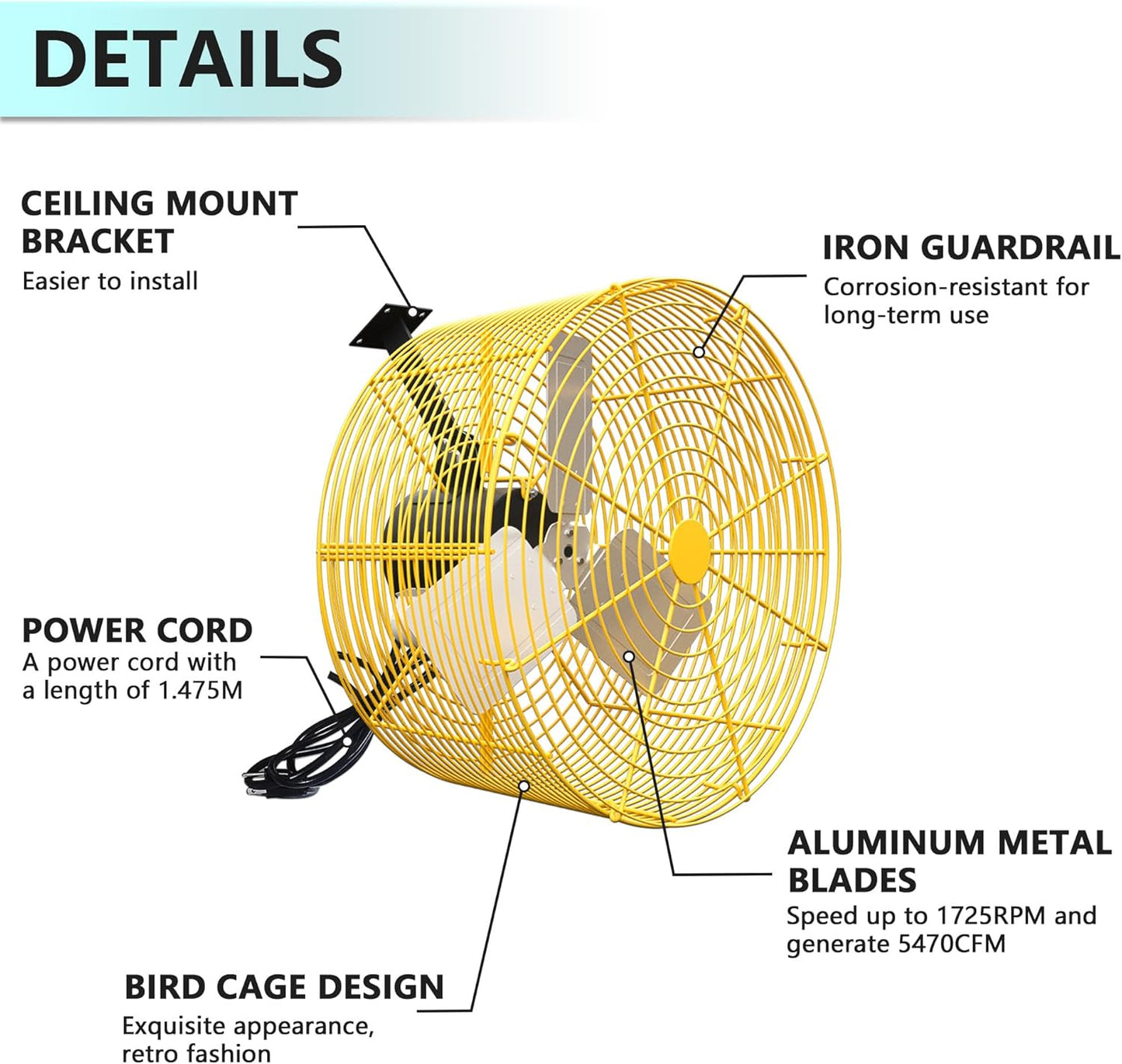 Greenhouse Circulation Fan Air Circulation Fan 1/3 HP 115V Ceiling Wall Mount Fan High Speed Circulation Fan for Greenhouse, Warehouse, Patio, Garage 5470CFM, ETL Listed