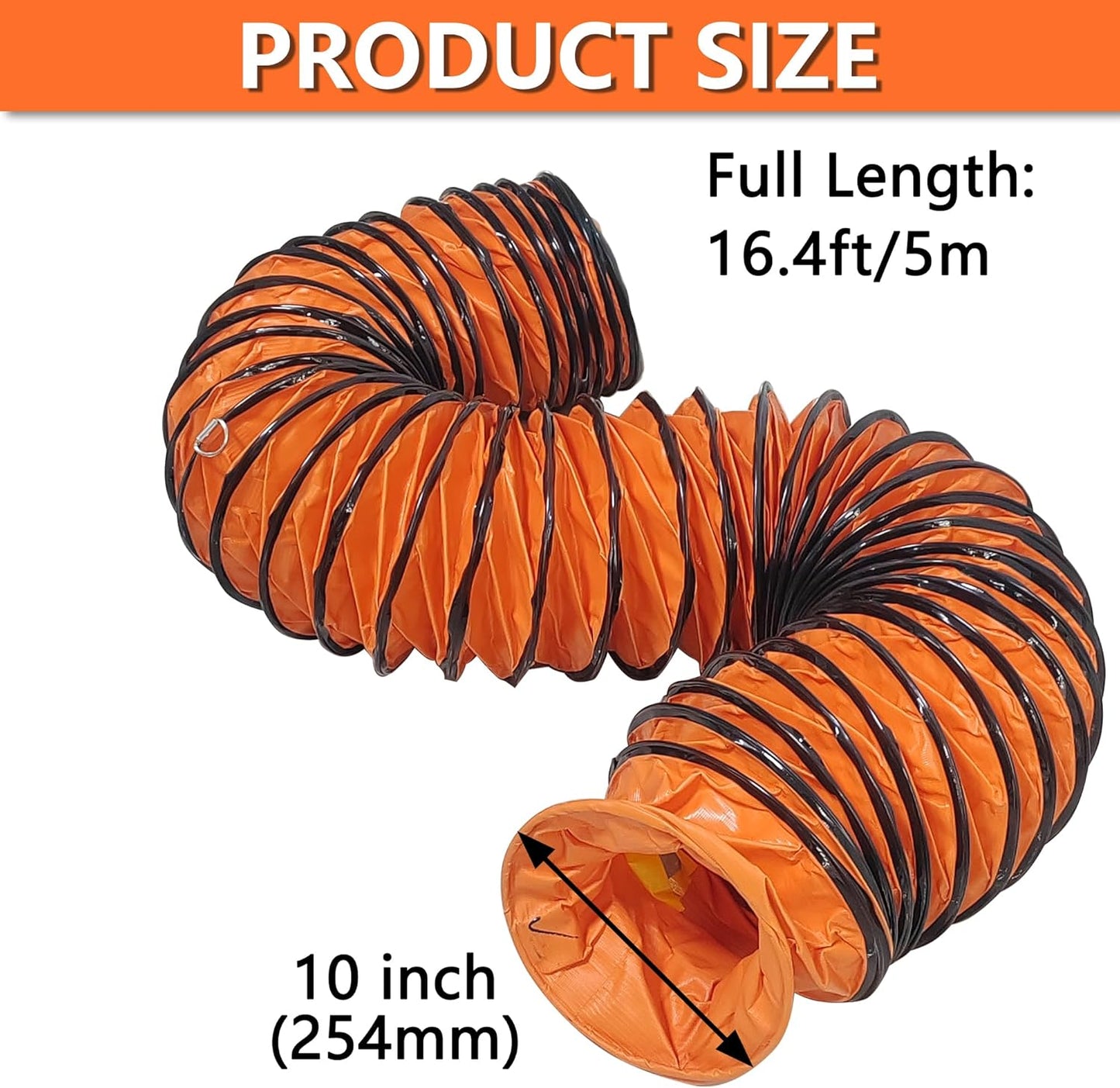 16FT Ducting Hose 10 Inch PVC Flexible Duct Hosing with Adjustable Rope for Utility Blower Exhaust Fan