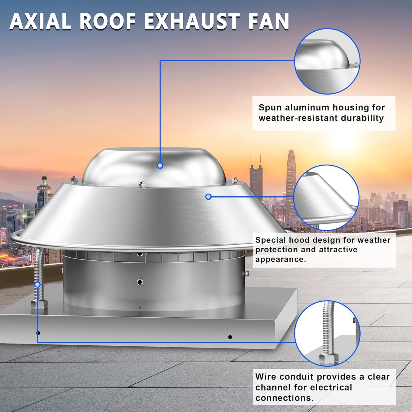 Roof Exhaust Fan Direct Drive Axial Downblast Exhaust Fan -26" Fan Base, 1/3 HP 115 Volt Single Phase Motor 2400 CFM