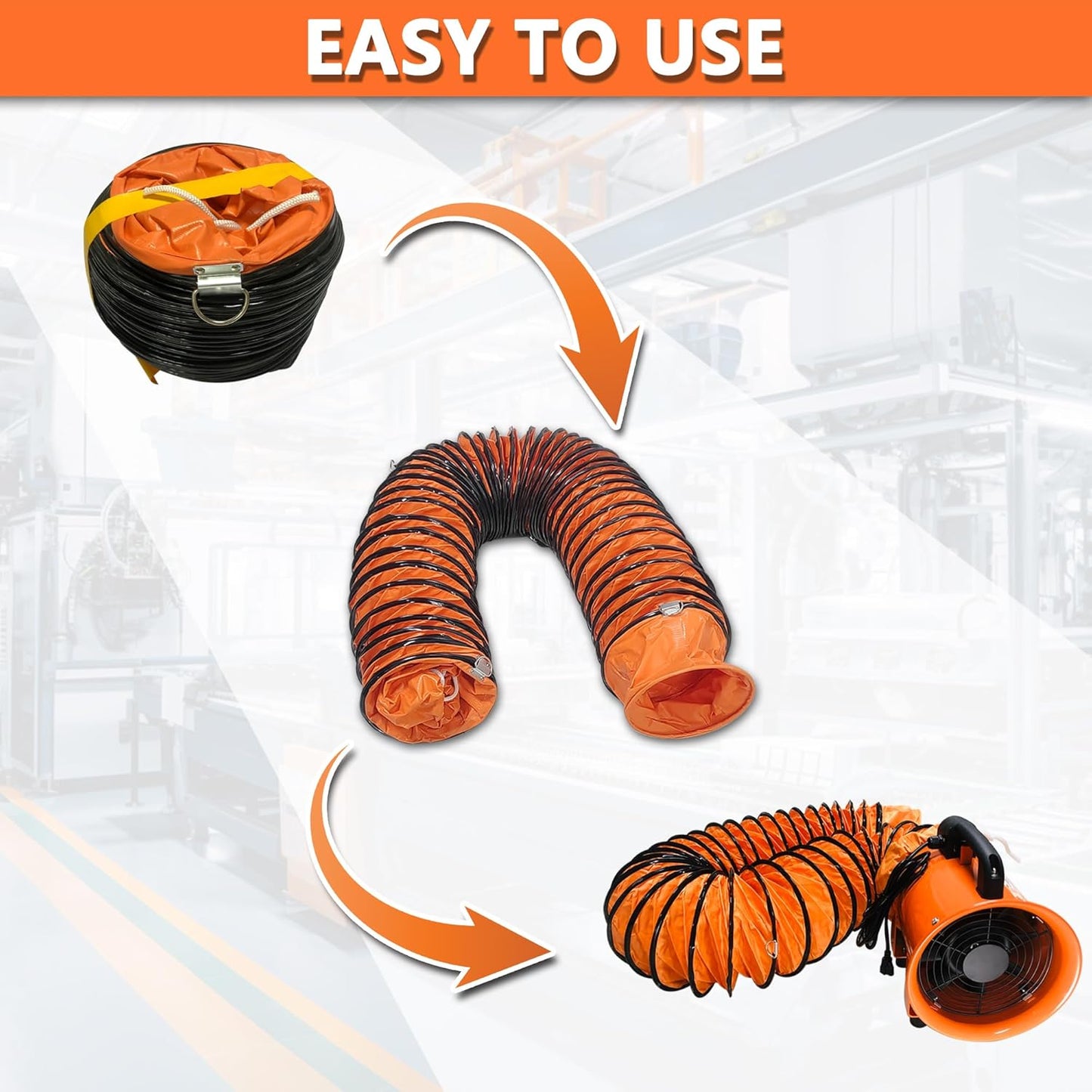 16FT Ducting Hose 10 Inch PVC Flexible Duct Hosing with Adjustable Rope for Utility Blower Exhaust Fan