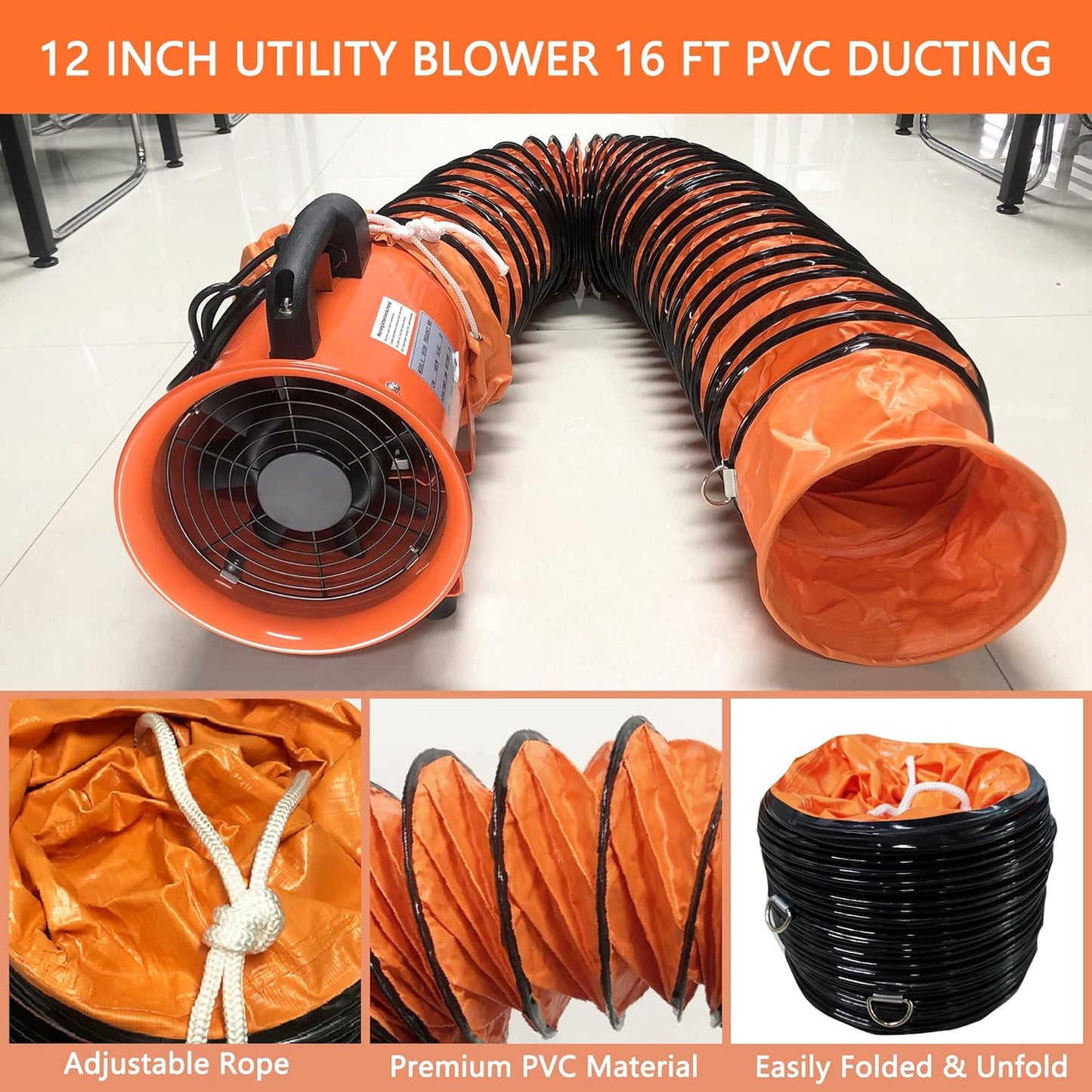 Utility Blower Fan 12 Inch Portable Axial Exhaust Fan 790W/7A 2300CFM High Velocity Ventilator with 16FT Duct Hose for Exhausting & Ventilating at Home and Job Site