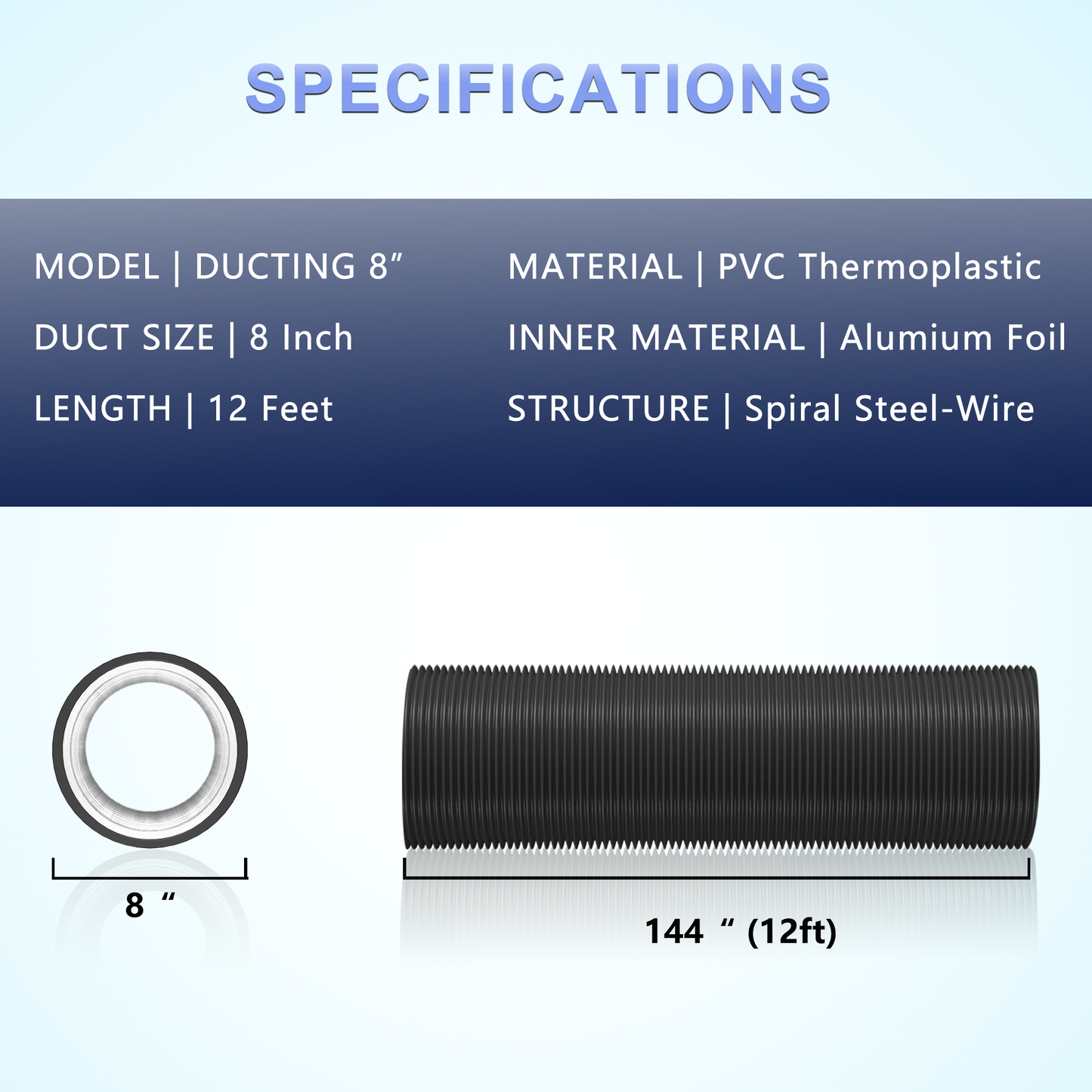 Flexible 8 Inch Aluminum Ducting -4 Layer Protection Dryer Vent Hose for HVAC Heating Cooling Ventilation and Exhaust, 2 Clamps Included