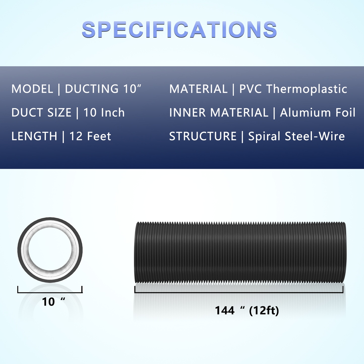 Flexible 10 Inch Aluminum Ducting -4 Layer Protection Dryer Vent Hose for HVAC Heating Cooling Ventilation and Exhaust, 2 Clamps Included