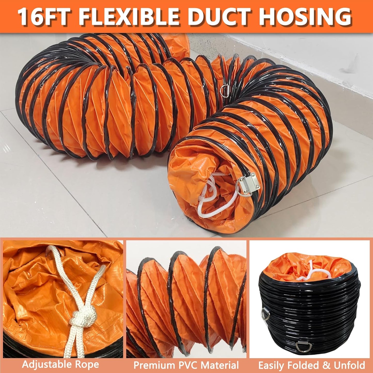 16FT Ducting Hose 10 Inch PVC Flexible Duct Hosing with Adjustable Rope for Utility Blower Exhaust Fan