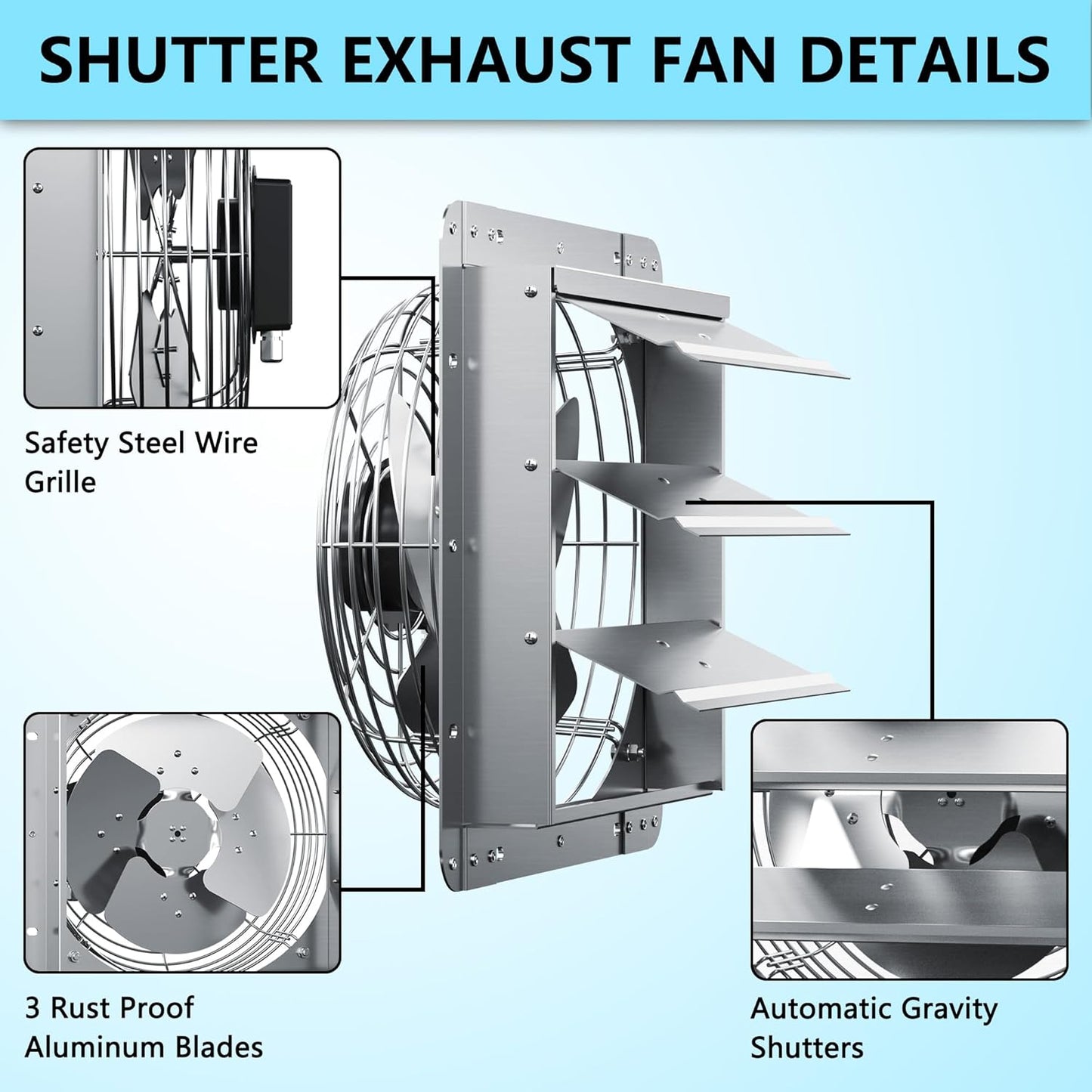 18 Inch Shutter Exhaust Fan, Aluminum Wall Mounted Exhaust Fan, 2678 CFM High Speed Automatic Shutter Attic Fan, Vent Fan For Greenhouse,Shed,Shop,Garage